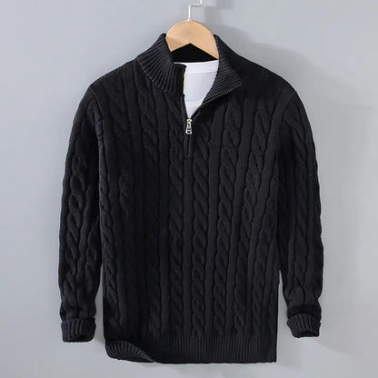 Men's Thick Knit Zipper Sweater with Half Turtleneck
